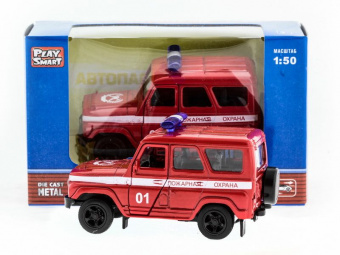 Машина ''АВТОПАНОРАМА'' инерц. УАЗ-469 (пожарная) 1/50, в/к 12*7*5,5 см