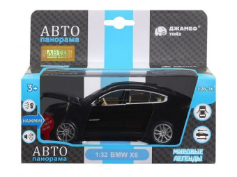 Машина АВТОПАНОРАМА BMW X6, черный, 1/32, свет, звук, инерция, в/к 17,5*13,5*9 см