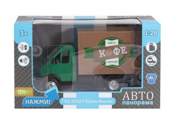 Машина ''АВТОПАНОРАМА'' ГАЗель-бизнес Кофе, зеленый, 1/28, свет, звук, в/к 24*14*12