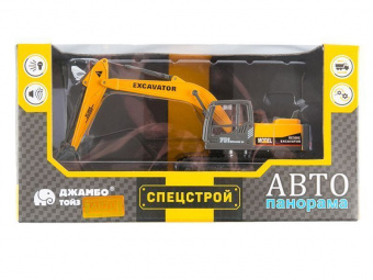Машина АВТОПАНОРАМА ЭКСКАВАТОР НА ГУСЕНИЦАХ, 1/50, желтый, свет, звук, в/к 25*10*13 см