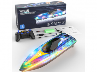 Радиоуправляемый катер Flytec V555 (голубой) с подсветкой 2.4G RTR
