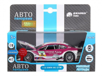 Машина ''АВТОПАНОРАМА'' BMW M3 DTM, белый-розовый, 1/32, свет, звук, инерция, в/к 17,5*13,5*9 см