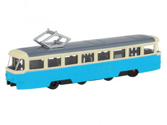 Трамвай ''Автопанорама'', синий, 1/90, свет, звук, инерция, в/к 22*13,5*5,8 см