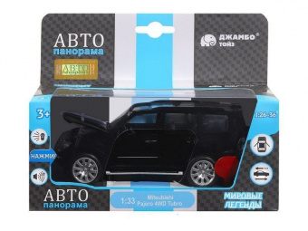 Машина ''АВТОПАНОРАМА'' Mitsubishi Pajero 4WD Tubro, черный, 1/33, свет, звук, в/к 17,5*13,5*9 см