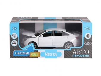 Машина '''АВТОПАНОРАМА'' LADA VESTA седан, 1/24,  белый, свет. звук. эффекты, в/к 24,5x12,5x10,5 см