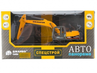 Машина АВТОПАНОРАМА ЭКСКАВАТОР НА КОЛЕСАХ, 1/50, оранжевый, свет, звук, в/к 25*10*13 см